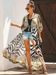 Biquíni de banho feminina encobrimento de chiffon praia quimono feminino leopardo leopard capa long for swimsuit túnica de verão suprimento de fábrica 230506