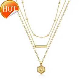 14K Gold Plated PaperClip Chain Necklace Simple Hexagon 26 Letter Pendant Dainty 3 Layered Initial Choker Halsband