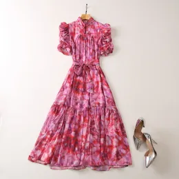 2023 Summer Red Print Belted Dress Short Puff Sleeve Stand Collar Rhinestone Buttons Midi Casual Dresses S3W030427