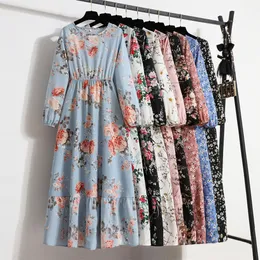 Partykleider Damen Floral bedruckte Maxikleider Frühling Sommer Lässig O-Ausschnitt Volle Ärmel Hohe Taille A-Linie Boho Beach Party Langes Kleid Vestidos 230506