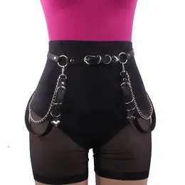 Belts MYMC Women Leather Skirt Belts Ladies Suspenders Punk Gothic Rock Harness Waist Metal Chain Body Bondage Hollow Belt 230506