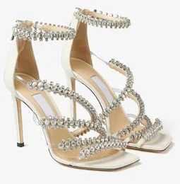 Sommar lyx Josefine Sandals Shoes Crystal Embelling Strappy High Heels White Black Evening Dress Party Lady Gladiator Comfort Walking EU35-43