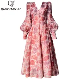 Party Dresses QHZ Spring/Summer Designer Fashion Lantern Sleeve Dress long for women V-neck beaded vintage floral print Slim party midi dress 230506