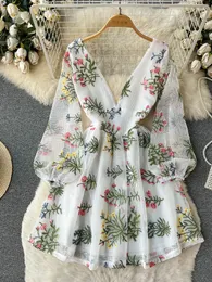 Casual Dresses Vintage Women Chiffon Floral Embroid Dress V-Neck Sexig tryck Kontrast 2023 Spring Summer Party Vestido H065