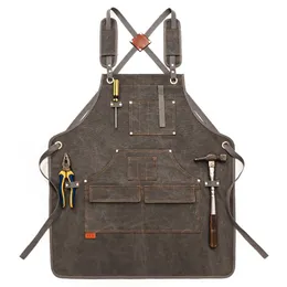 Aprons Durable Goods Heavy Duty Unisex Canvas Work Apron with Tool Pockets Cross Back Straps Adjustable For Woodworking Painting 230505