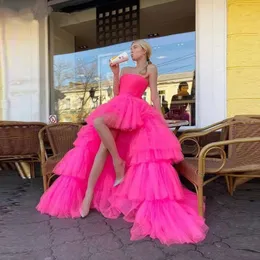Hot Pink High Low Puffy A Line Prom klänningar RUCHED STRAPLESS TIERED TULLE TUTU kjolar Cocktail Party Dress Evening Gown