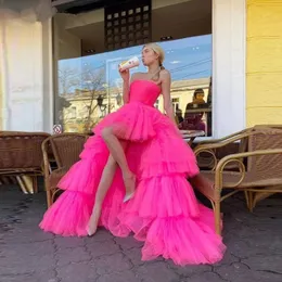 Hot Pink High Low Puffy A Line Prom Dresses Ruched Strapless Tiered Tulle Tutu Skirts Cocktail Party Dress Evening Gown