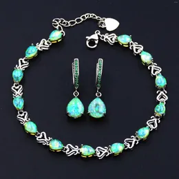 Halskette Ohrringe Set grüner Feueropal Ohrring Armband Schmuck für die Dame