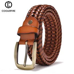 Belts Men Genuine Leather Braided Belts Webbing High Quality Hand Vintage Belts for Men Gold Pin Buckle Casual for Jeans Strap HQ212 230506