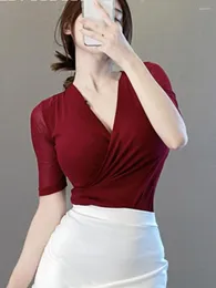 Damen T-Shirts Cross Sweet Cherrys Red Basis TShirt Halbarm Elegant Office Lady Slim Female T-Shirts Mesh Thin Sexy Korean 8OJ