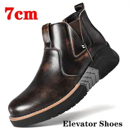 Men Elevator Shoes Height Boots Heightening Man Increase Insole 7CM Leather Martin Cowboy