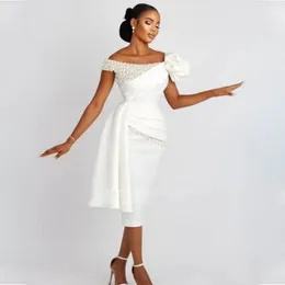 2023 فستان زفاف قصير قبالة لؤلؤة الكتف لؤلؤة فاخرة بطول الشاي ثياب الزفاف Vestidos de Novia مصنوعة