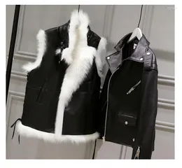 Women's Jackets Women Winter PU Leather Long Sleeve Short Jacket Coat And Detachable Faux Fur Vest 2 Pieces Casacos Suit SMLXL