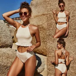 Sommarfast färg delad baddräkt mode ruffles halter bikini ö strand två stycken kostym