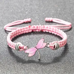 Strand Charm Armband för kvinnor rosa emaljmålning Dragonfly Pendent Rope Justerbar insektskedjelänk Handgjorda smycken gåva