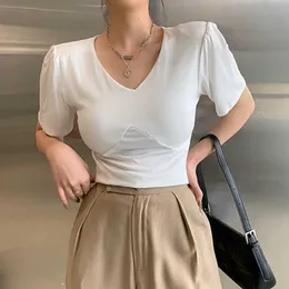Women's T-Shirt White Fashion Shoulder Pad Vneck Women Tops Female Solid Color Summer Short Sleeve Slim Tshirt Woman Casual Basic Tee Shirts Z0506