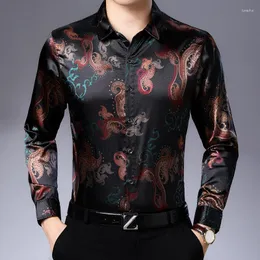 Men's Casual Shirts Mens Vintage Satin Baroque Silk Cashew Flowers Luxury Blouse Retro Floral Printed Clothing Large Size