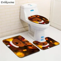 Bath Mats 3 Pcs Red Christmas Hat Bear Mat Anti Slip Bathroom Set Tapete Banheiro Washable Toilet Rug Alfombra Bano