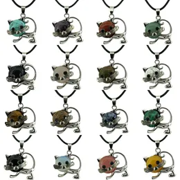 Modischer Edelstahl-Katzenanhänger mit mehreren heilenden natürlichen Kristall-Edelstein-Anhänger-Halsketten mit schwarzer Seilkette