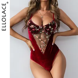 Women's Jumpsuits Rompers Ellolace Velvet Bodysuit Women Floral Embroidery Overalls for Women Lace Patchwork Bodys Sexy Lace Bodysuit Drop 230505