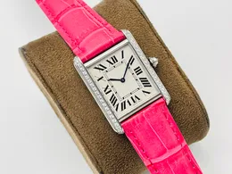 럭셔리 솔로 레이디스 시계 스위스 쿼츠 다이아몬드 사각형 여성 손목 시계 로마 숫자베이스 다이얼 사파이어 크리스탈 자홍색 악어 스트랩 2 크기
