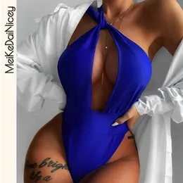 여자 수영복 Meikedainicey One Should Swimsuit 2022 New Cut Out Solid Bodysuit Beachwear Royal Blue Woman Swim Wear Sexy Bathing Suits J230506