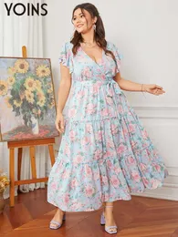 Artı boyutu elbiseler yoins yaz elbisesi artı boyutu kadınlar kısa kollu fırfırlı süs çiçek baskı bohem vestido uzun elbiseler parti sundress l-4xl 230506