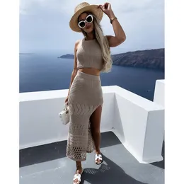 Women's Swimwear 2023 Coverups Knitted Sexy See Through Mesh Beach Cover Summer Camisole Blouse Long Skirt Twopiece Set Hollow Out Dress 230506
