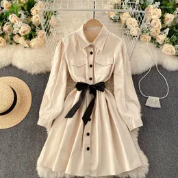 Lässige Kleider 2023 Frühling Damen Kleidung Umlegekragen Taschenknopf Hemdkleid mit Gürtel Langarm Mini