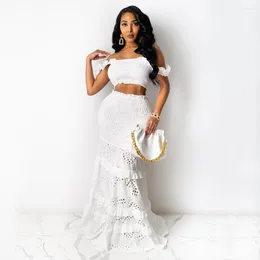 Work Dresses Summer Women Outfits White Maxi Long Skirt Two-piece Set Crop Tops Fishtail Lace Hollow High Waist Sexy Party Matching