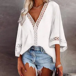 Kvinnor BLOUSES Fashion V Neck Lace Hollow Out Shirt Blus Office Lady Summer Casual Loose Long Sleeve For Women 2023 Black Tops