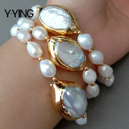 Chain Y YING 8 3 Rows Cultured White Baroque freshwater Pearl Keshi Bracelet for handmade classic wedding women 230506