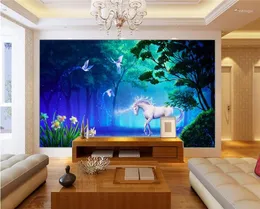 Bakgrundsbilder Personlig anpassning 3D Stereo Fairy Tale Forest Fluorescerande vit häst Po Mural Wallpaper vardagsrum Bakgrundsfresco