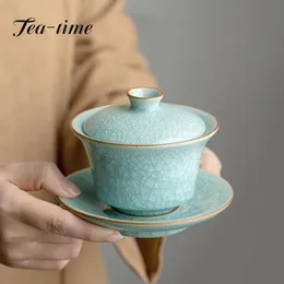 Teaware 180ml retro ru forno cerâmica chá tureen gelo flor esmalte tigela de chá sancai pode levantar peça aberta fabricante de chá gaiwan kung fu conjunto de chá