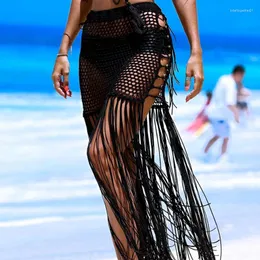 Kadın Mayo Seksi Kadın Bohemya Elbise Oymak Plaj Maxi Örgü Etek Bölünmüş Püsküller Tığ Beachwear Yaz 2023 Örtbas Etekler