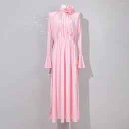 الفساتين غير الرسمية 2023 النساء خمر الورد زهرة وسادة كتف الكتف الفستان Maxi مزدهر الأكمام قابلة للفصل مطوي طويل الوردي