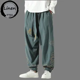 Pantaloni stile cinese retrò nuvole di buon auspicio stampa pantaloni uomo abbigliamento moda autunno vestiti larghi pantaloni harem di canapa casual