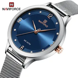 Kvinnors klockor Naviforce Fashion for Women High Quality Quartz Female Clock Mesh Rostfritt stål Sliver Blue Waterproof Ladies Armband 230506