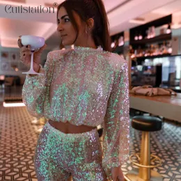 Women's Pants s Cutistation Golden Sequined 2 Piece Set Spring 2023 Long Sleeve Crop TopHigh Waist Sequin Flare Party Clubwear 230506