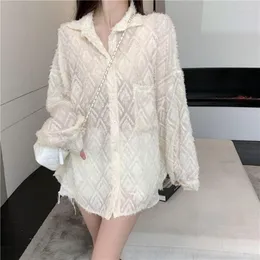 Kvinnor BLOUSES SPRING Fashion Lace Solid Color Turn-Down Collar Long Sleeve Blause Femme Korean Button Perspective Shirts Women Clothing