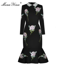 Party Dresses MoaaYina Autumn Women Dress Beaded turn-down collar Rose Embroidery drilling Black Slim Package hip Elegant Mermaid Dresses 230506