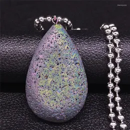 Pendant Necklaces Colorful Water Drop Volcanic Stone Stainless Steel Women Silver Color Big Long Necklace Chain Jewelry Collier N5003S04