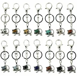 Factory Direct Sale Stainless Steel Cat Keychain Multiple Natural Crystal Gemstone Cute Cat Pendant Keychain with Metal Chain