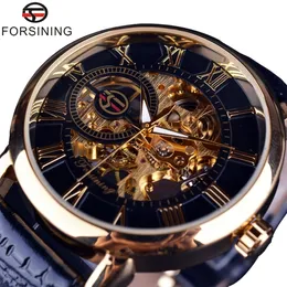 Armbanduhren Forsining 3D-Design Hohlgravur Schwarz Gold Gehäuse Leder Skelett Mechanische Uhren Herren Luxusmarke Heren Horloge 230506