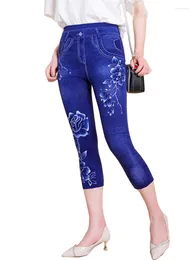 Kvinnors leggings visnxgi sommar blommor tryck stretch capri eleganta kvinnor pant tunna sexiga tätt kvinnliga faux jeans avslappnade byxor