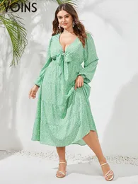 Plus size Dresses YOINS Bohemian Bow Long Puff Sleeve Midi Dress Women's Casual V Neck Sexy Holiday Robe Loose Floral Printed Plus Size Sundress 230506