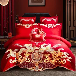 Bedding Sets Golden Dragon Phoenix Embroidered Cotton Set Luxury Chinese Royal Wedding Red Duvet Cover Bed Sheet Pillowcases