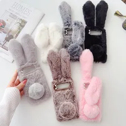 3D Rabbit Genuine Hair Plush Cases For Google Pixel 8 8 Pro 7 7A 6 6A Bling Diamond Rhinestone Fluffy Fur Fuzzy Tail Soft TPU Ear Fashion Girls Lady Back Phone Cover Skin