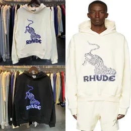 Herrtröjor tröjor bästa kvalitet leopard tryck rhude hoodie bomull terry casual tröjor män kvinnor streetwear överdimensionerad huvtröja