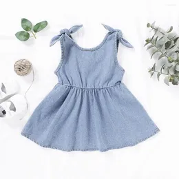 女の子のドレスPudcoco Baby Girls Casaul Denim Dress Summer Bow leveless Bottons Blue A-Lien Fashion Princess Party Kids Sundres 1-4Y